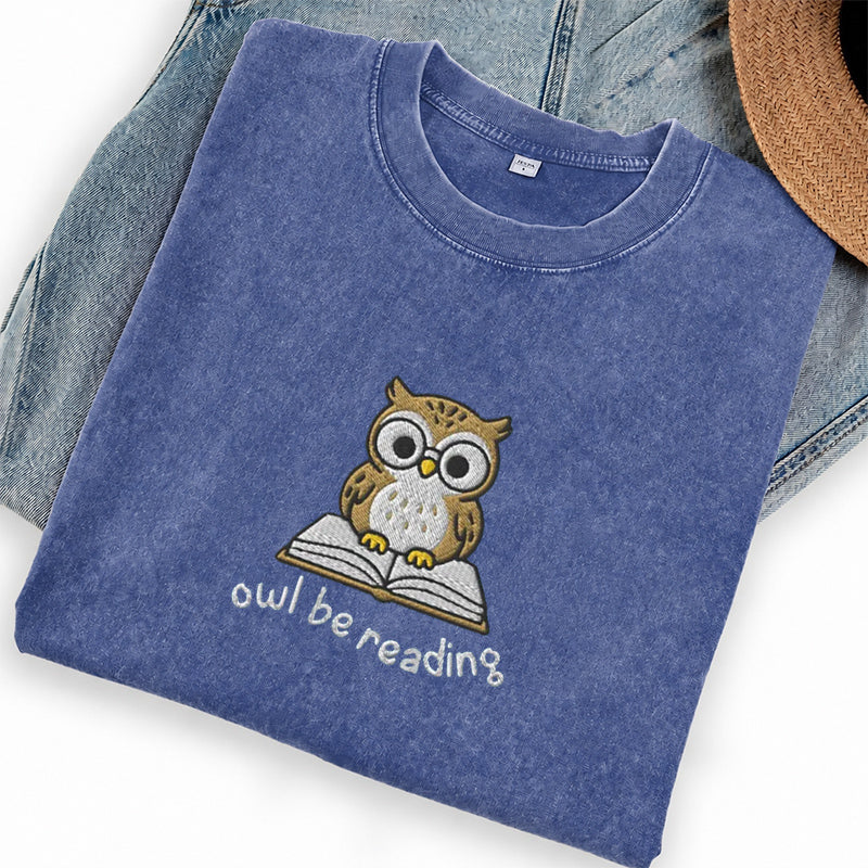Embroidered Owl Be Reading Washed Crew Neck T-Shirt