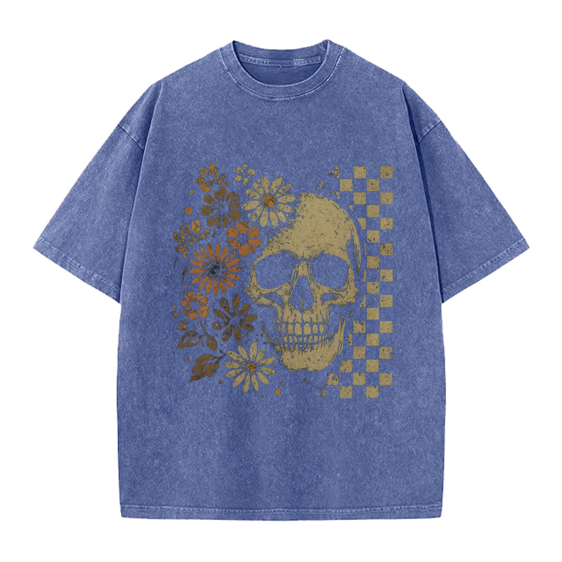 Vinatge Floral Skull Checkboard Washed Crew Neck T-Shirt
