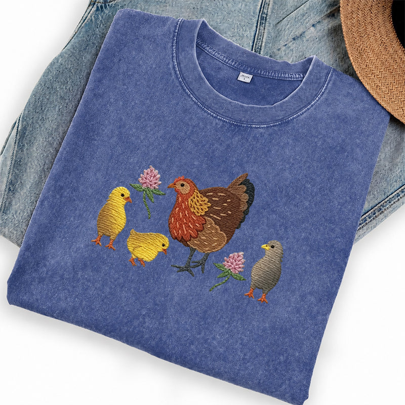 Embroidered Hen & Chicks Washed Crew Neck T-Shirt