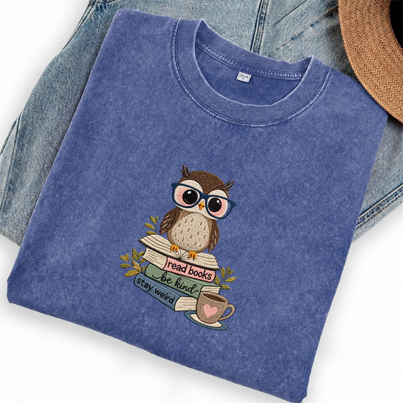 Embroidered Read Books Be Kind Owl Washed Crew Neck T-Shirt