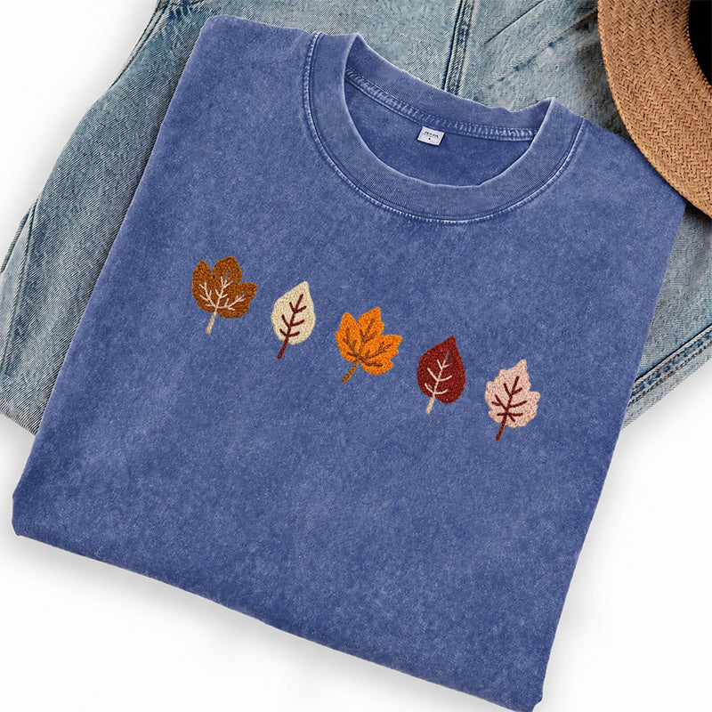Embroidered Fall Leaves Washed Crew Neck T-Shirt