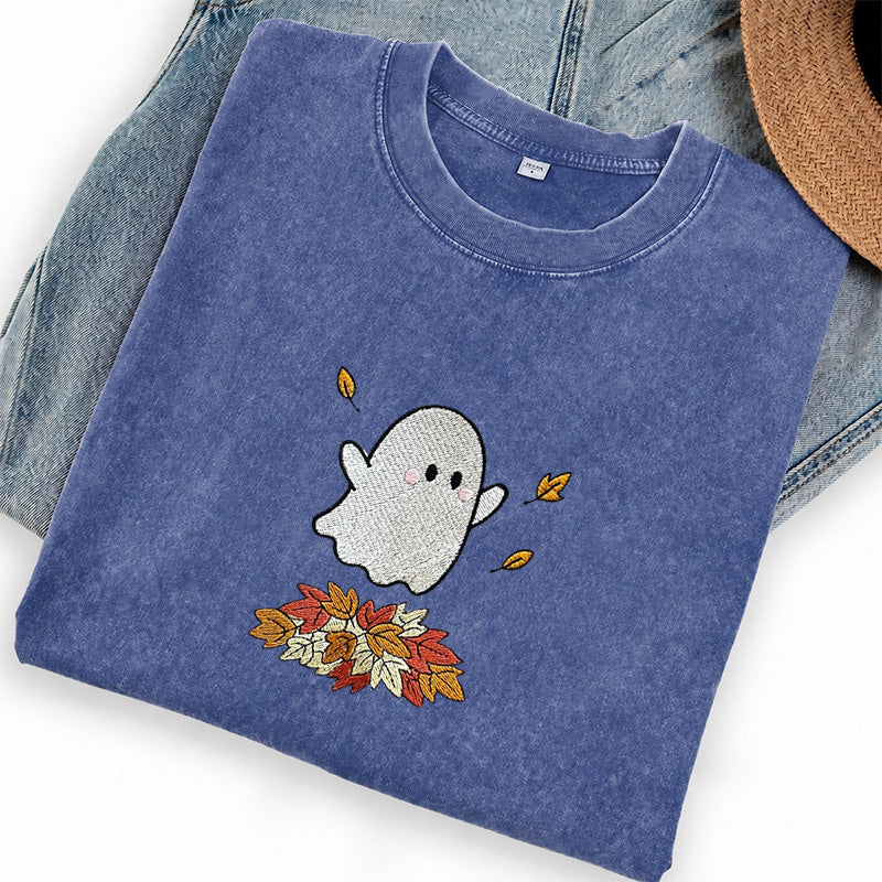 Embroidered Fall Ghost Washed Crew Neck T-Shirt