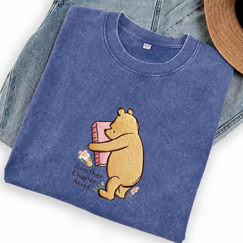 Embroidered Reading Bear Another Chapter Washed Crew Neck T-Shirt