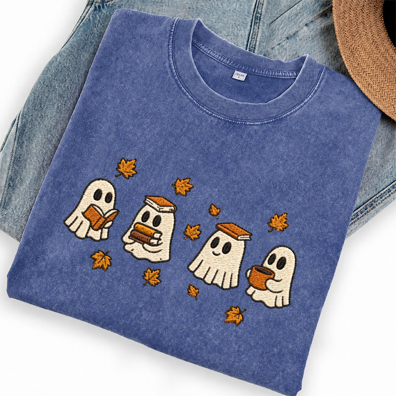 Embroidered Autumn Bookish Ghost Washed Crew Neck T-Shirt