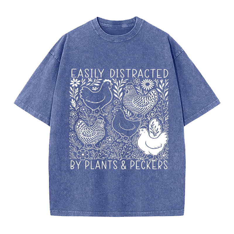 Easily Distracted By Plants and Peckers Washed Crew Neck T-Shirt
