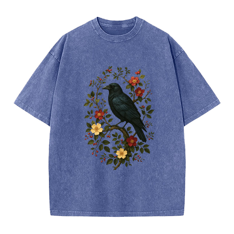 Gothic Cottagecore Raven Washed Crew Neck T-Shirt