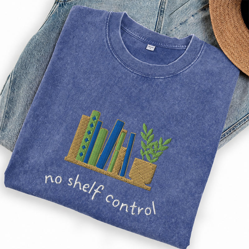 Embroidered No Shelf Control Book Washed Crew Neck T-Shirt
