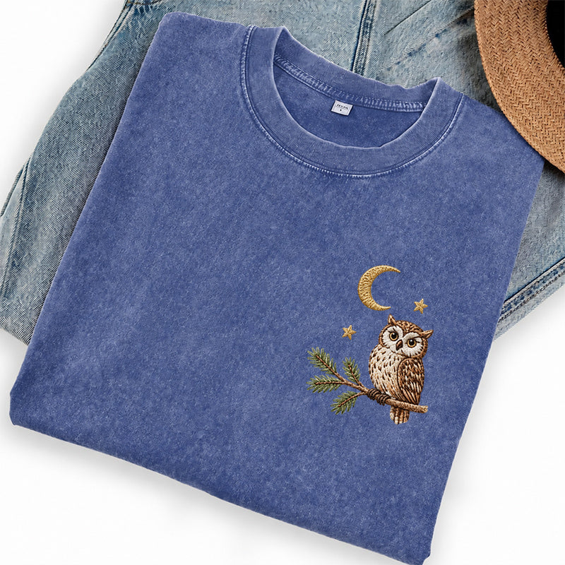 Embroidered Night Owl Washed Crew Neck T-Shirt