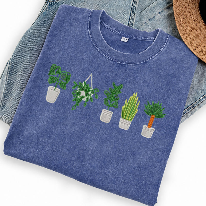 Embroidered Houseplant Washed Crew Neck T-Shirt