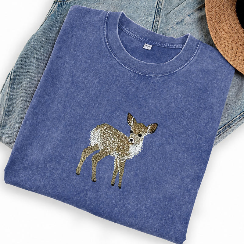 Embroidered Forest Deer Washed Crew Neck T-Shirt