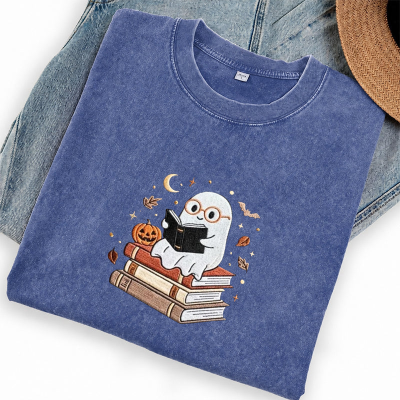 Embroidered Ghost Reading Books Washed Crew Neck T-Shirt