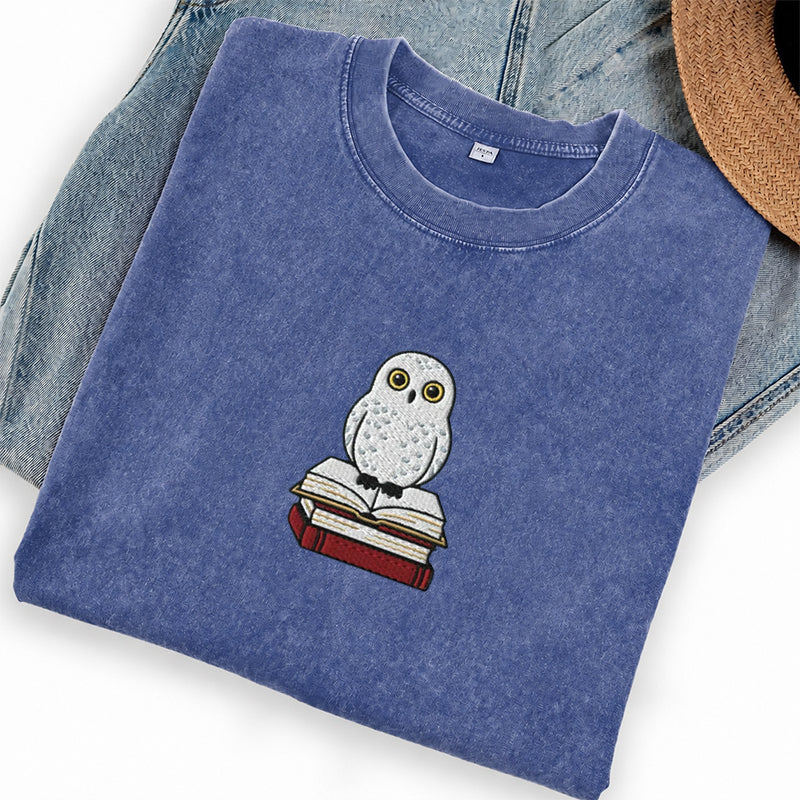 Embroidered Snow Owl On Bookstack Washed Crew Neck T-Shirt