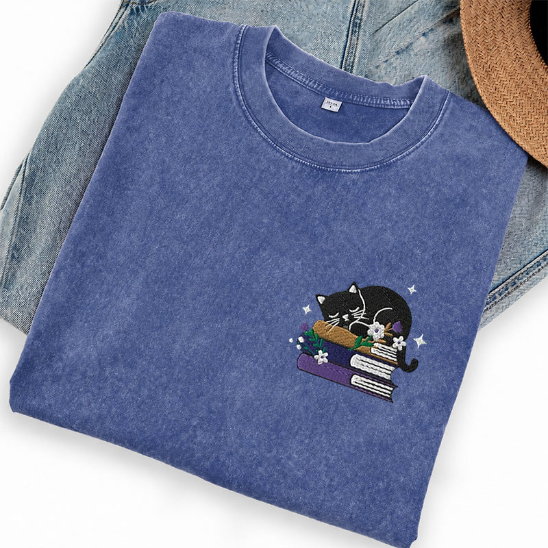 Embroidered Black Cat Floral Book Washed Crew Neck T-Shirt