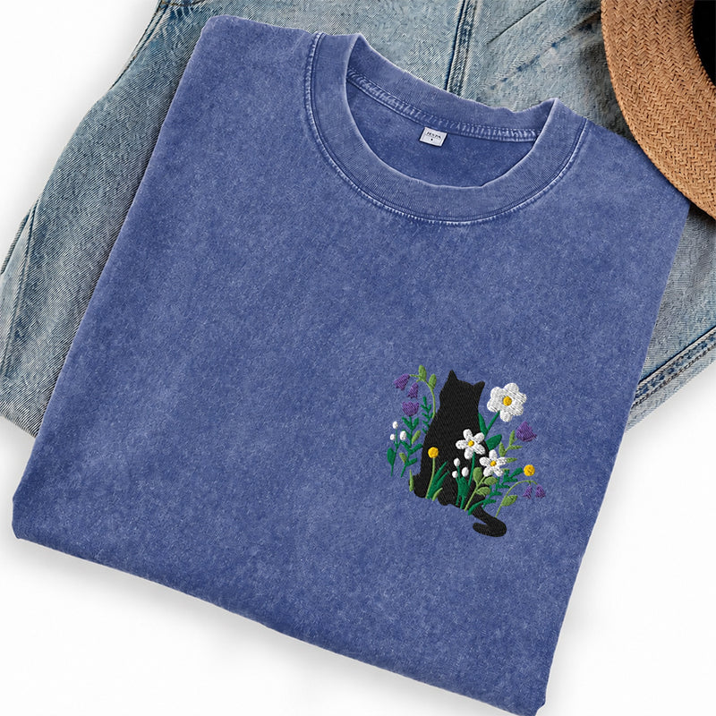 Embroidered Black Cat Cottagecore Washed Crew Neck T-Shirt