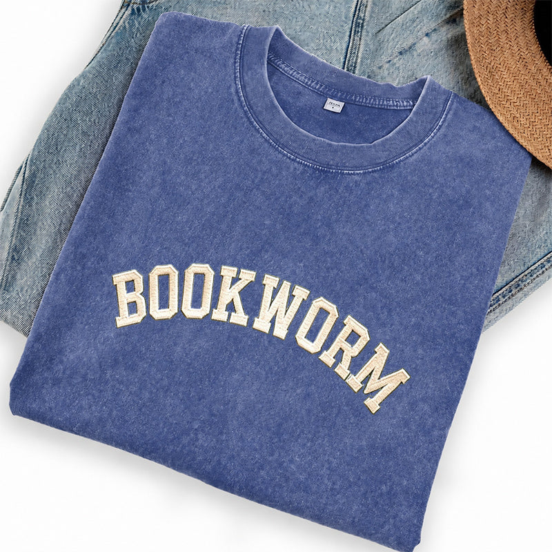 Embroidered Bookworm Washed Crew Neck T-Shirt