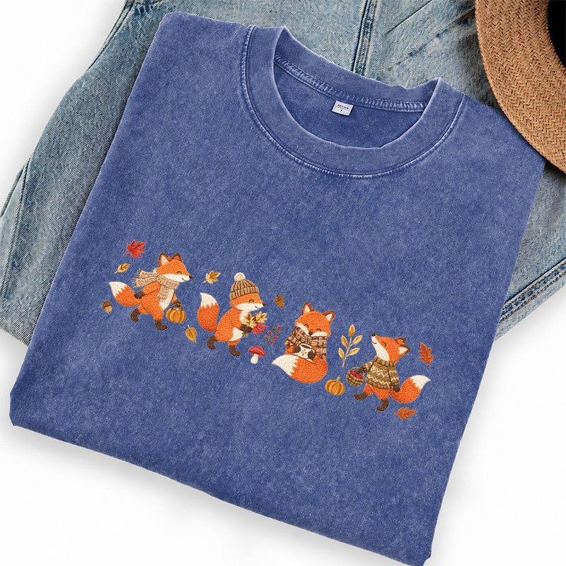 Embroidered Fall Fox Washed Crew Neck T-Shirt