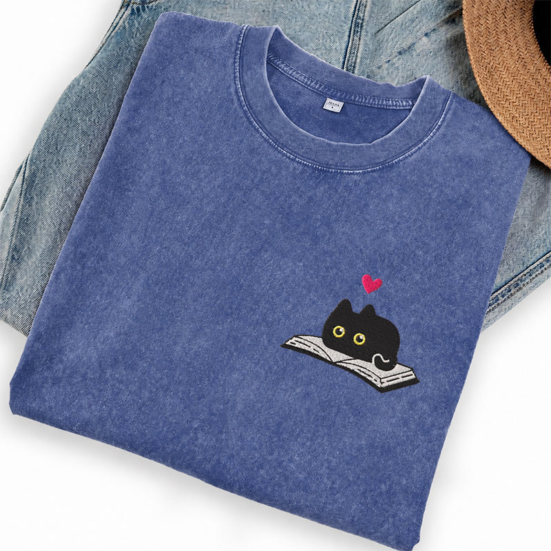 Embroidered Black Cat And Book Washed Crew Neck T-Shirt