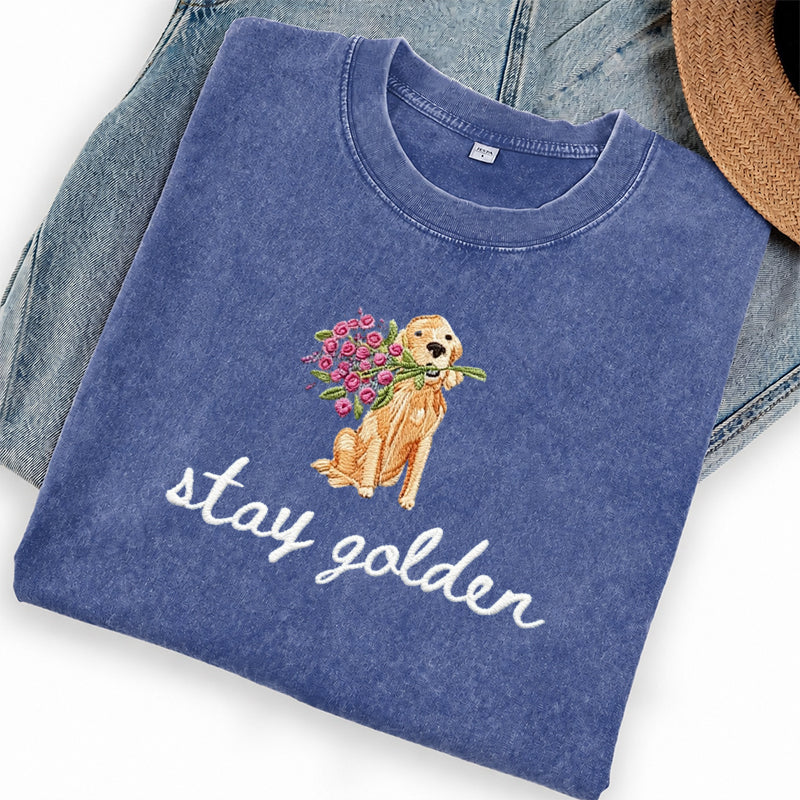 Embroidered Stay Golden Washed Crew Neck T-Shirt