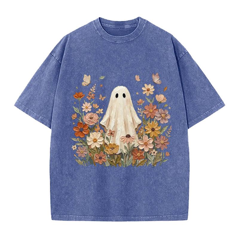 Vintage Ghost With Flowers Washed Crew Neck T-Shirt