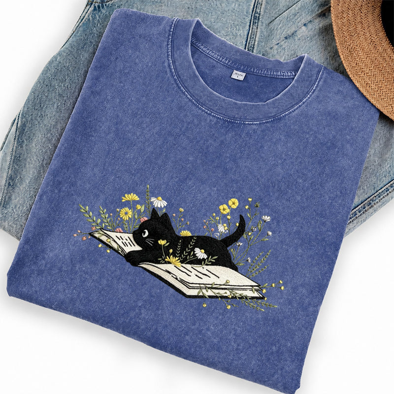 Embroidered Floral Book Cat Washed Crew Neck T-Shirt