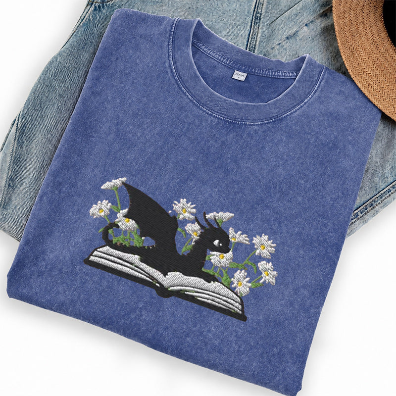 Embroidered Floral Dragon Book Washed Crew Neck T-Shirt