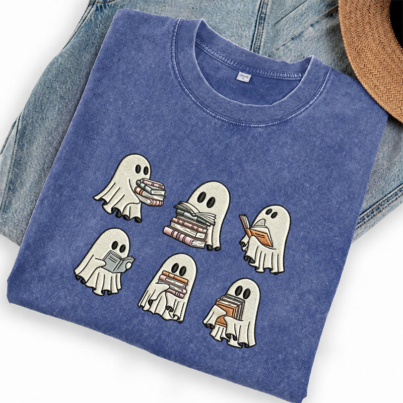 Embroidered Halloween Ghost Book Washed Crew Neck T-Shirt