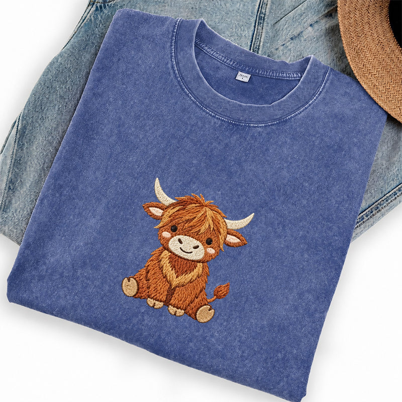 Embroidered Highland Cow Washed Crew Neck T-Shirt