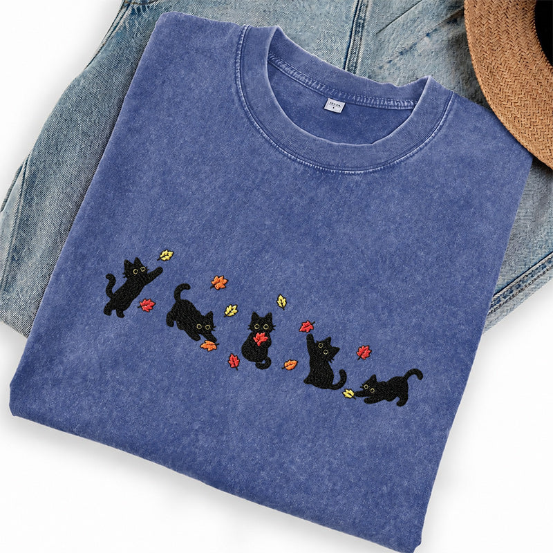Embroidered Fall Leaves Black Cats Washed Crew Neck T-Shirt