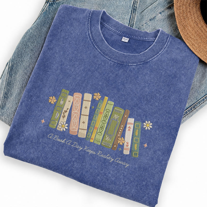 Embroidered A Book A Day Washed Crew Neck T-Shirt