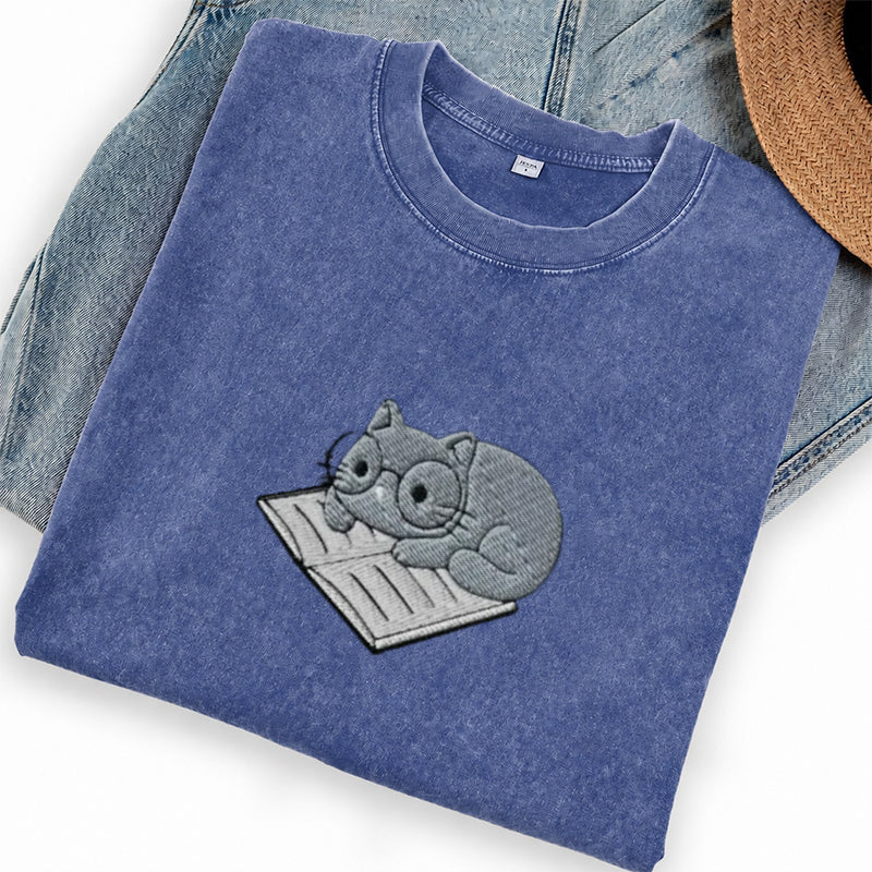 Embroidered Cat On Book Washed Crew Neck T-Shirt