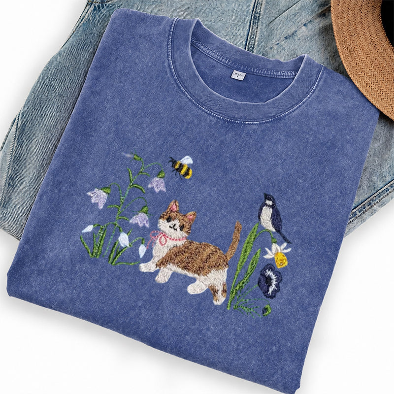Embroidered Cat Wildflower Washed Crew Neck T-Shirt