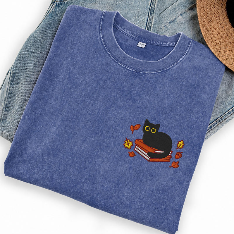 Embroidered Autumn Black Cat Book Washed Crew Neck T-Shirt