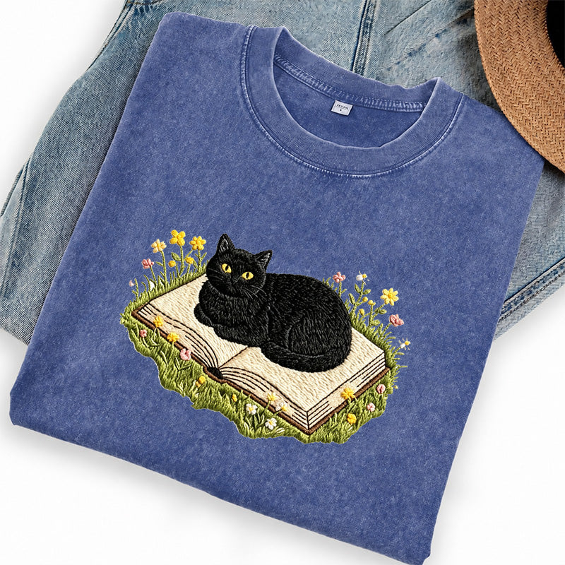 Embroidered Black Cat Book Washed Crew Neck T-Shirt