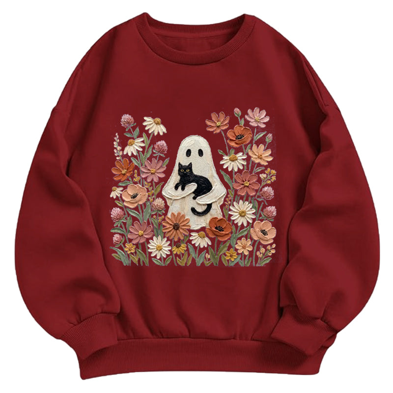 Ghost with Black Cat Floral Classic Adult Unisex Crewneck Sweatshirts