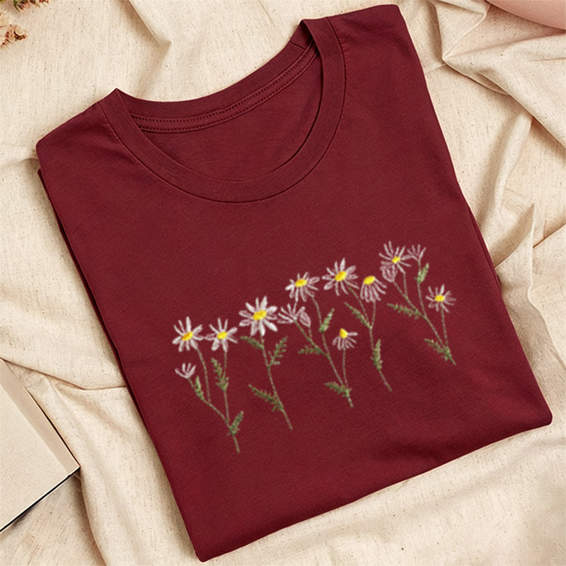 Embroidered Daisy Classic Adult Unisex Crew Neck T-Shirt