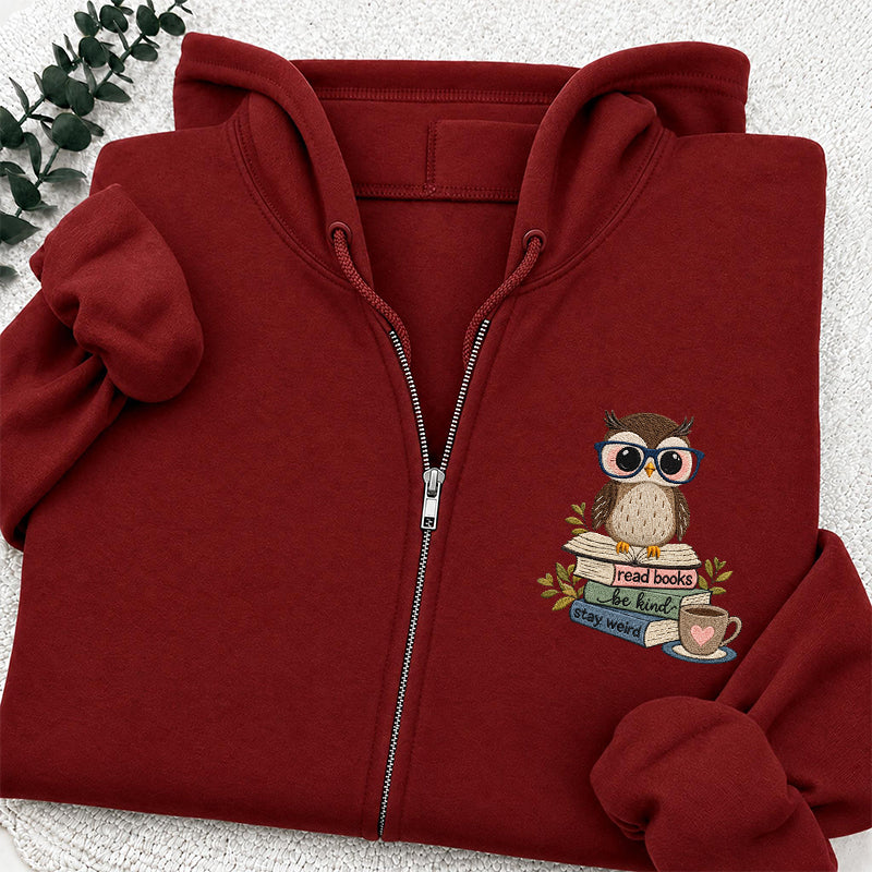 Embroidered Read Books Be Kind Owl Classic Full Zip Hoodie
