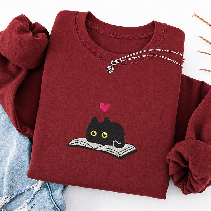 Embroidered Black Cat And Book Classic Crewneck Sweatshirt