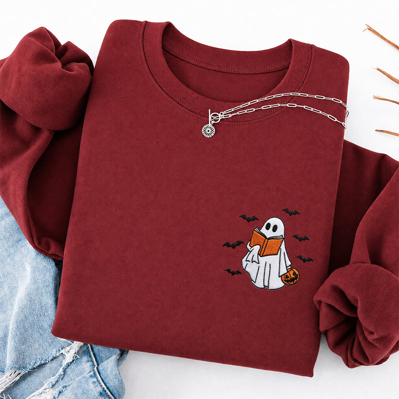 Embroidered Halloween Reading Ghost Classic Crewneck Sweatshirt