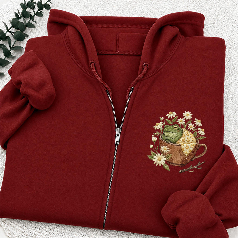 Embroidered Frog in Teacup Classic Adult Unisex Full Zip Hoodie