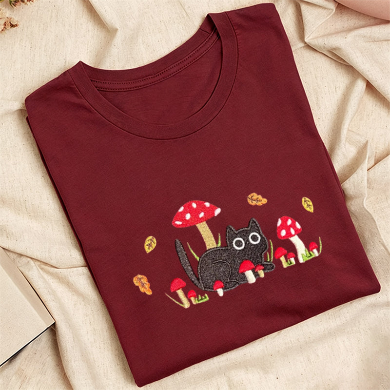 Embroidered Mushroom Cat Classic Adult Unisex Crew Neck T-Shirt