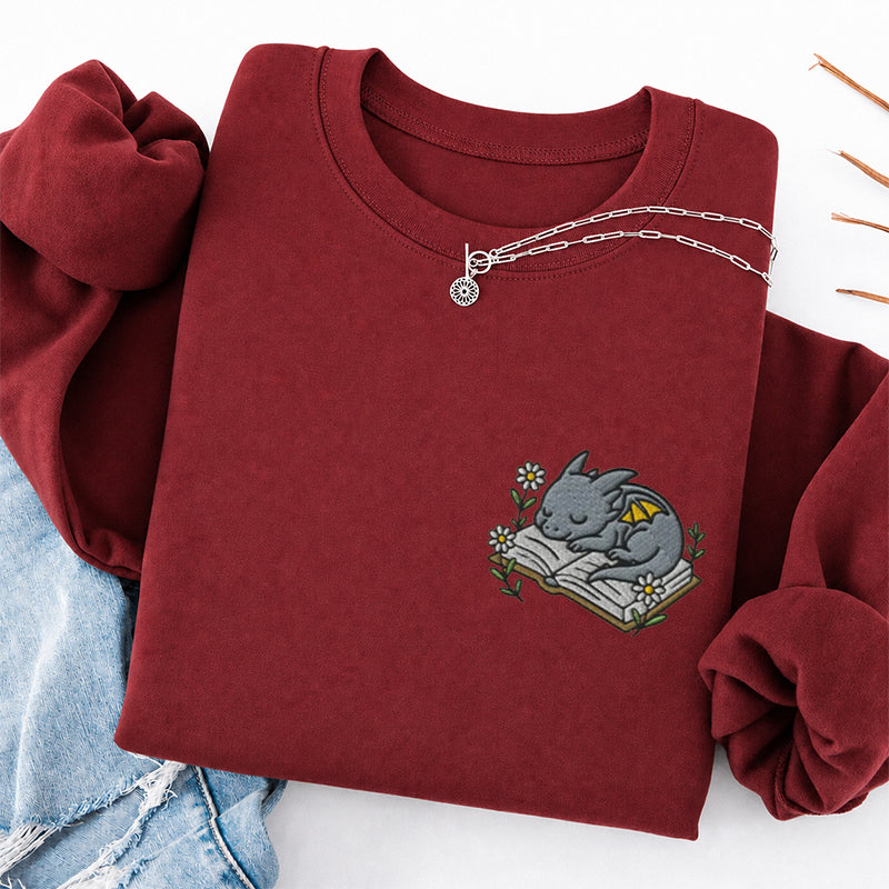 Embroidered Sleeping Dragon Book Classic Crewneck Sweatshirt