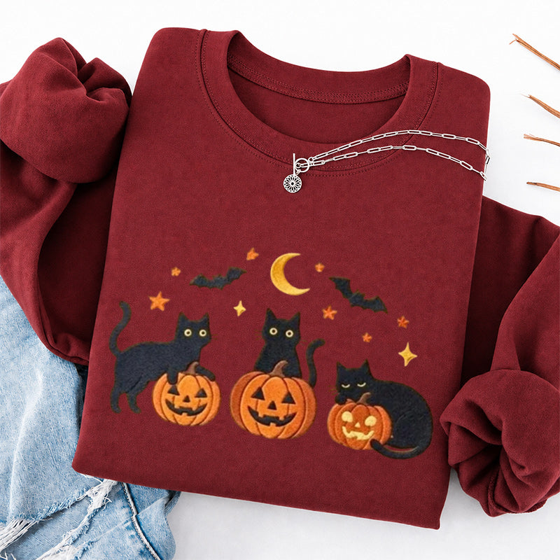 Embroidered Black Cats and Pumpkin Halloween Classic Crewneck Sweatshirts