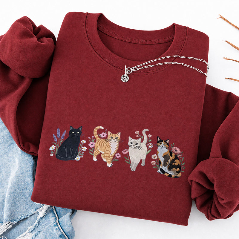 Embroidered Cats And Flowers Classic Crewneck Sweatshirt