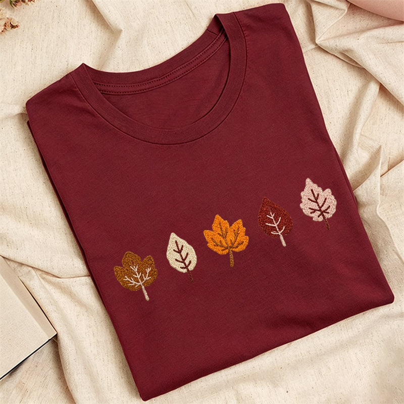 Embroidered Fall Leaves Classic Adult Unisex Crew Neck T-Shirt