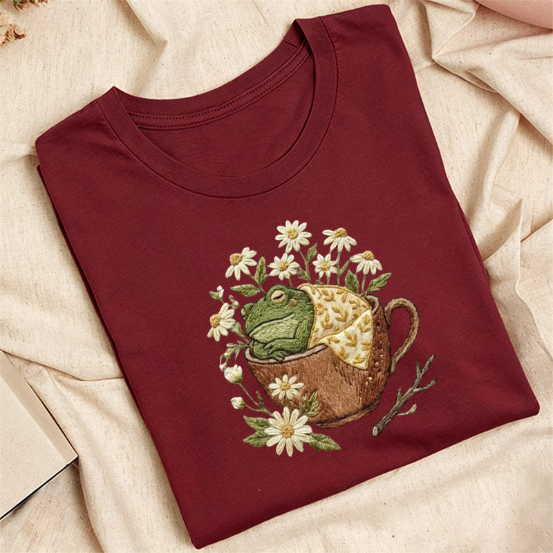 Embroidered Frog in Teacup Classic Adult Unisex Crew Neck T-Shirt