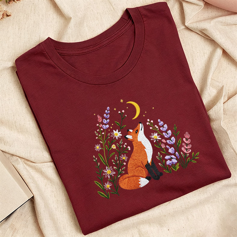 Embroidered Fox Wildflower Classic Adult Unisex Crew Neck T-Shirt