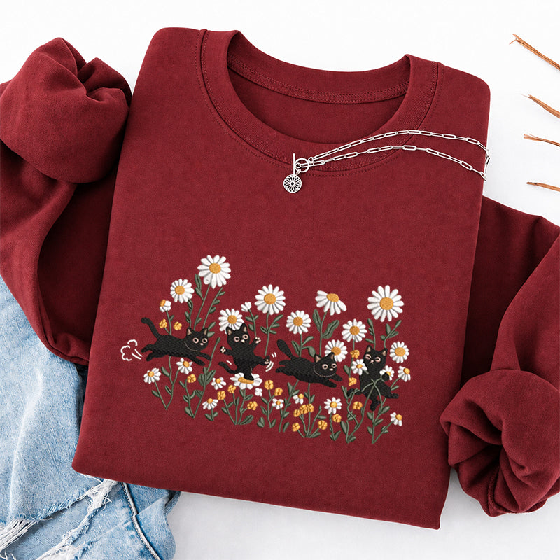 Embroidered Garden Playing Cats Daisy Classic Crewneck Sweatshirt