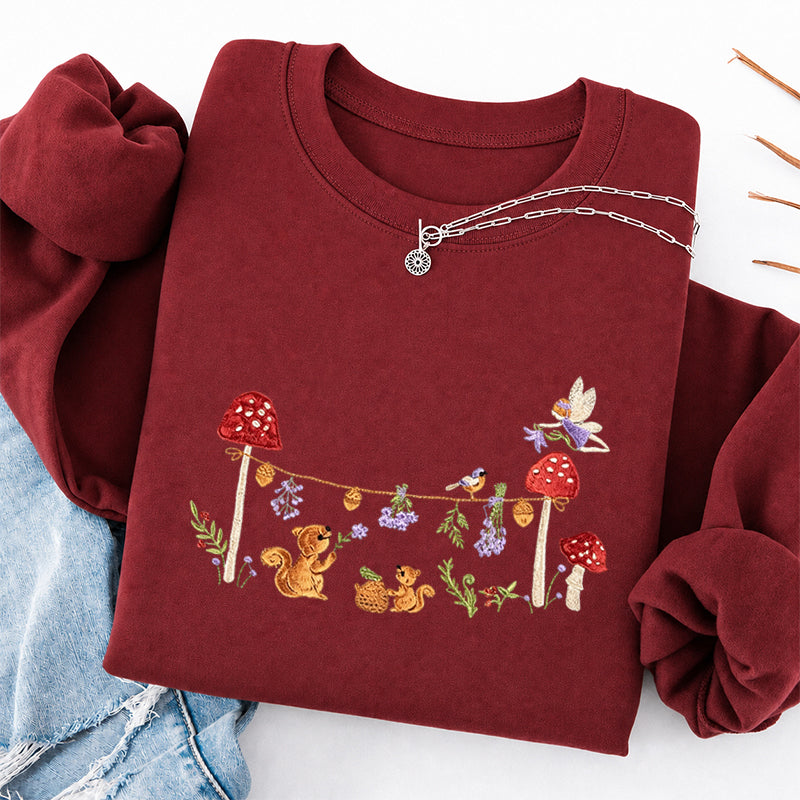 Embroidered Squirrel Woodland Fairy Tale Classic Crewneck Sweatshirt