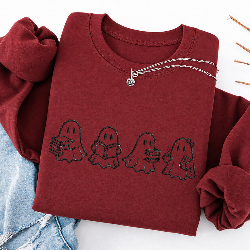 Embroidered Ghost Reading Books Classic Crewneck Sweatshirt