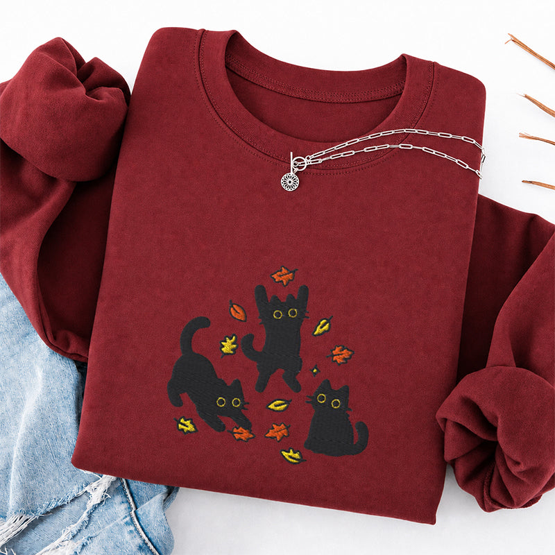 Embroidered Black Cats Fall Leaves Classic Crewneck Sweatshirt